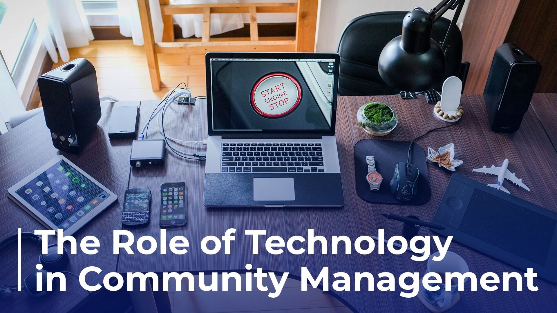 A view of a person typing on a laptop. The text reads, "The Role of Technology in Community Management" 