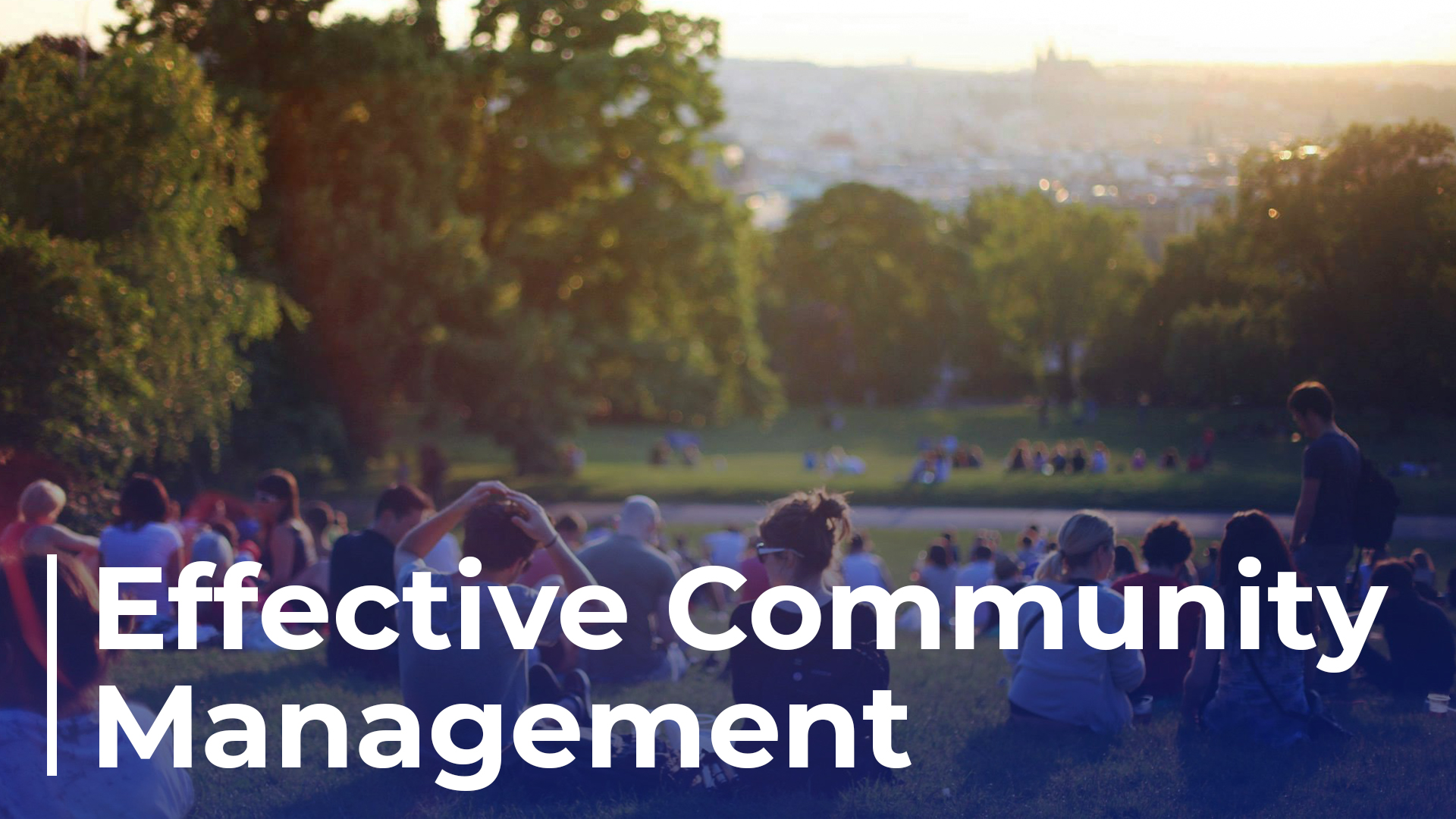 a crowd gathered in a park. The text reads, "Effective Community Management" 